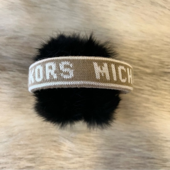 MICHAEL KORS (not outlet!) Black Fur Earmuffs Logo Tan Lettering on Headband - Picture 3 of 12